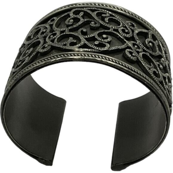 Antique Silver-Tone Cuff Bracelet With Intricate Swirl Design - Picture 1 of 5